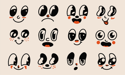 Retro 30s cartoon and comics characters faces. Traditional emotions vector elements. Vintage characters creator for trending illustration.