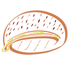 burger sprinkled with seeds, fast food, colorful sketch on white background