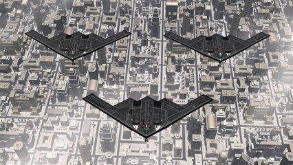 着陸態勢の米空軍B2ステルス戦略爆撃機編隊