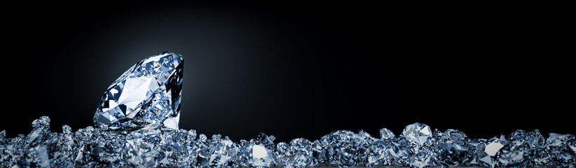 Large diamonds are placed on piles of diamonds of various sizes. Expensive jewelry displays piled...