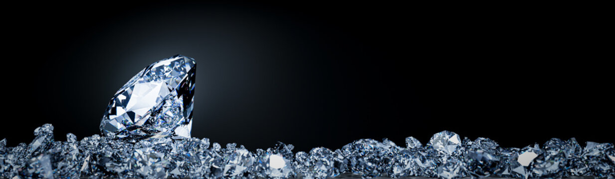 Large diamonds are placed on piles of diamonds of various sizes. Expensive jewelry displays piled up and some fell on the ground. 3D rendering