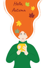 A girl with long red hair in a green sweater with a cup in her hands, the inscription Hello autumn, flat vector, isolate on white, autumn leaves, autumn colors