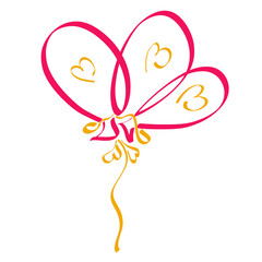 Three pink balloons with a yellow pattern in the form of hearts and tied with a ribbon, colorful abstract sketch on a white background