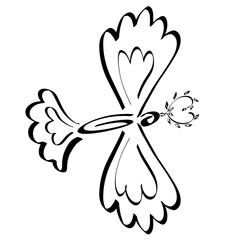 flying bird with a twig in the shape of a heart in its beak, abstract black pattern on a white background
