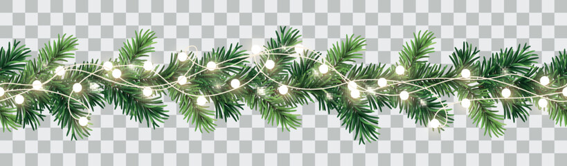 Fototapeta Vector seamless decorative christmas garland with coniferous branches and glowing light chain on transparent background obraz