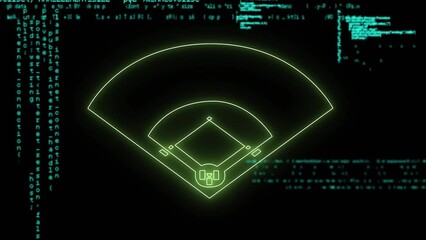 Animation of data processing over neon baseball pitch - Powered by Adobe