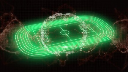 Animation of human brain and dna strand spinning over green neon sports stadium - Powered by Adobe