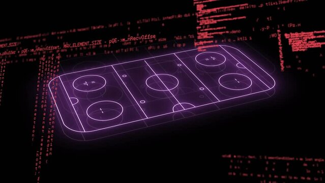 Animation of data processing over neon ice hockey field