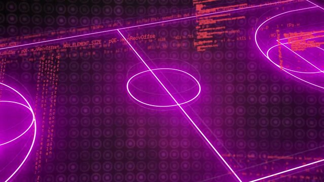Animation of data processing over neon basketball court