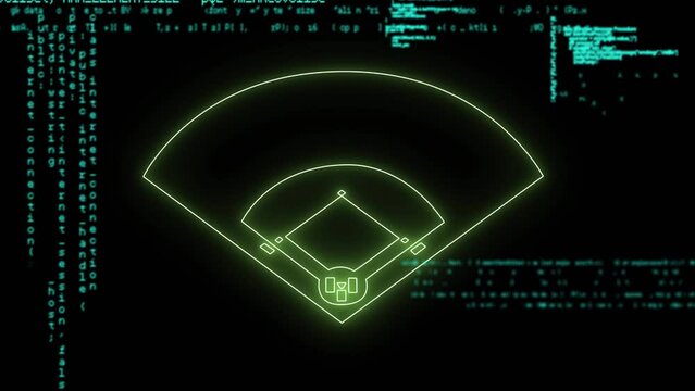 Animation of data processing over neon baseball pitch
