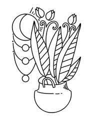Boho coloring page for adults with abstract nature motifs.