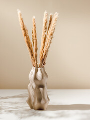 Ceramic stylish vase with dry pampas grass or reed with shadows. Minimal Scandinavian interior...