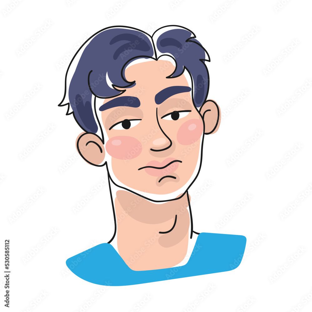 Sticker Portrait of a young Asian man. Avatar icon in line style with colored blots. Isolated on white background. Vector flat illustration