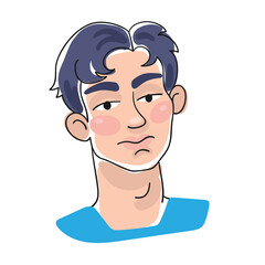 Portrait of a young Asian man. Avatar icon in line style with colored blots. Isolated on white background. Vector flat illustration