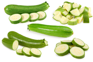 fresh green zucchini or marrow with slices isolated on white background.  clipping path