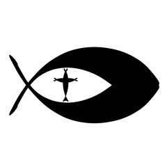 christian symbol, fish and cross inside, black logo on white background