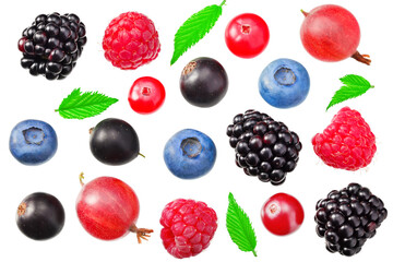 mix of blueberry, blackberry, cranberry, raspberry with leaves isolated on white background. top view. clipping path