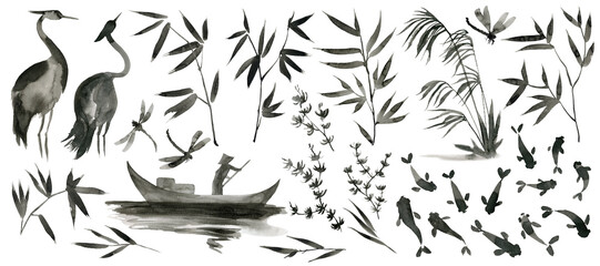 Set of illustrations in ink, Japanese style.  © Галина Смирнова