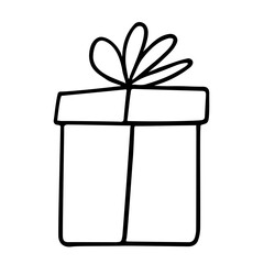 Hand drawn gift decorated with ribbon and bow. Doodle drawing style, minimalism, sketch. Isolated. Holiday vector illustration