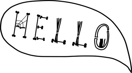Halloween funny scary lettering phrase in speech bubble hello hola icons made of bones sticks. Doodle hand drawn illustration