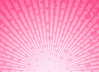 Sunlight glow background with hearts. Pink color burst. Sun beam ray sunburst wallpaper. Love St. Valentine backdrop. Romantic wallpaper. Circus poster or placard