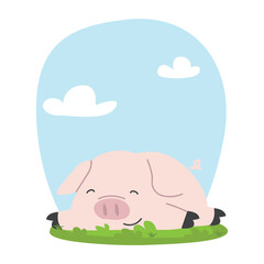 cute pig on grass cartoon