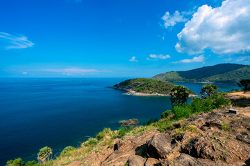 Promthep Cape is one of the most photographed locations in Phuket. Phromthep cape viewpoint at blue sea sky in Phuket, Thailand.