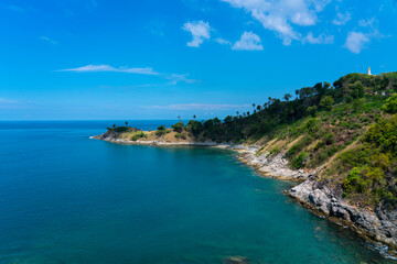 Promthep Cape is one of the most photographed locations in Phuket. Phromthep cape viewpoint at blue sea sky in Phuket, Thailand. - 530586921