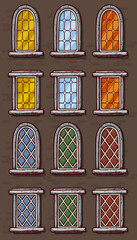 Cartoon vintage different windows with colorful stained glass in a frame on a brick wall. Facade elements for house exterior. Vector icons set.