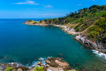 Promthep Cape is one of the most photographed locations in Phuket. Phromthep cape viewpoint at blue sea sky in Phuket, Thailand.