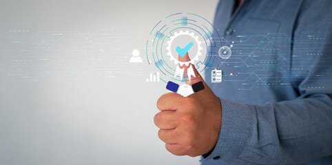 Businessman's hand showing a sign of top service Quality assurance cooperation investment Product and Service Standards, ISO Certificates Satisfaction Service standardization Concept.