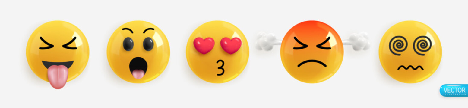 Emotion Realistic 3d Render. Set Icon Smile Emoji. Vector yellow glossy emoticons.