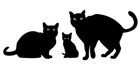Black Cats Silhouette on White Background. Cat and kitten. Father Mother and child. Icon Vector Illustration