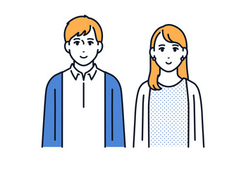正面を向く若い男女カップルのシンプルなベクターイラスト素材