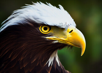 Fototapeta premium Close-up and image of a wild raptor for the protection of protected species, yellow beak and white head, fancy species of eagle