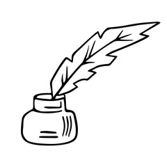 Bird feather quill and inkwell, writing ink pen, hand drawn outline, doodle sketch. Freehand, minimalism style, line art. Isolated. Vector illustration