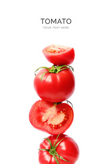 Creative layout made of red tomato on the white background. Flat lay. Food concept. Tomato on the...