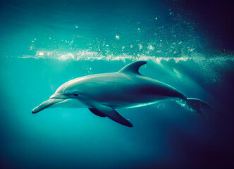 Dolphin swimming under the turquoise blue water in the sea, whimsical illustration