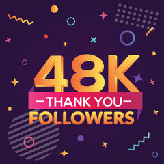 Thank you 48000 followers, thanks banner.First 48K follower congratulation card with geometric figures, lines, squares, circles for Social Networks.Web blogger celebrate a large number of subscribers.