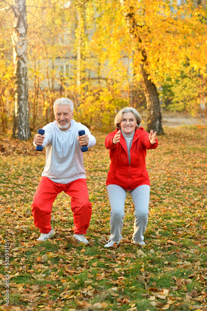 Sticker Elderly couple doing sports in the park