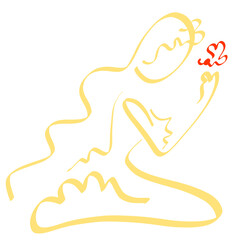 young woman kneeling, possibly praying, heart shaped butterfly above her hands, colored abstract symbol on white background