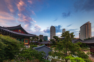 Skyline of Gangnam-gu by the tea house in Bongeunsa Temple, Seoul, South Korea.