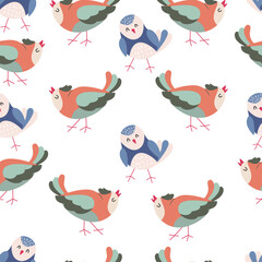 Colorful birds seamless pattern. Exotic birds in different print poses. Vector illustration.