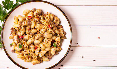pasta with minced meat on a plate
