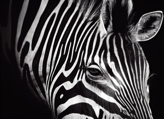 Zebra head, black and white, close-up on the face