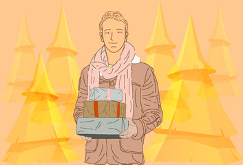 The man gives gifts. Illustration in a flat style 