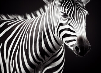 zebra head, black and white, close-up on the face