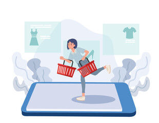 Online shopping concept.  e-commerce. woman is running hurry up for shopping. Vector illustration.