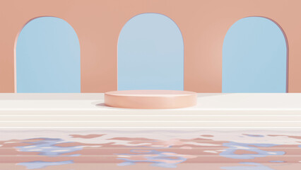 3D rendering Product display podium with water reflection and geometrical forms background. minimal 3d landscape. Cosmetic for Beauty product.