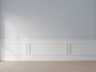 Blue wall mockup with molding. Empty boy's room 3d visualization.